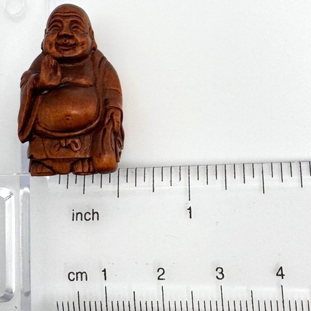 Ojime Bead Netsuke HandCarved Hotei Buddha Holding upHand Boxwood Signed No Hole - Picture 3 of 8